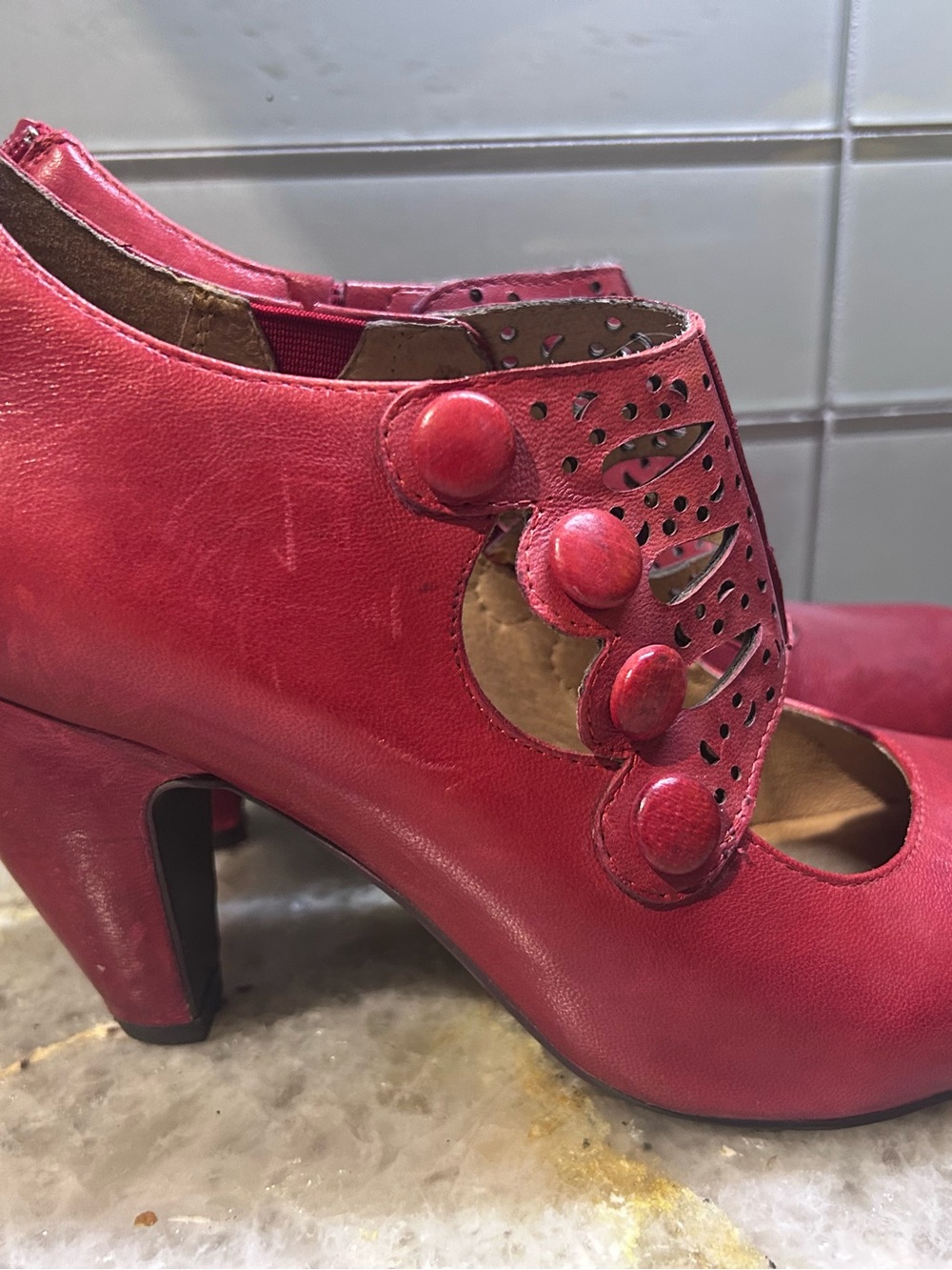 Miz Mooz Red Cutout Mary Jane Heels with Button Accents “Sharon”